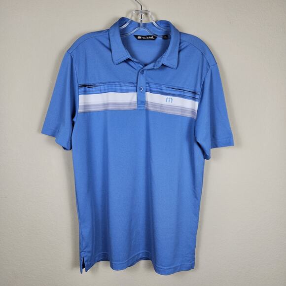 Travis Mathew Cabana Golf Polo Mens M Chest Stripe Logo Blue Casual Performance - Picture 1 of 14